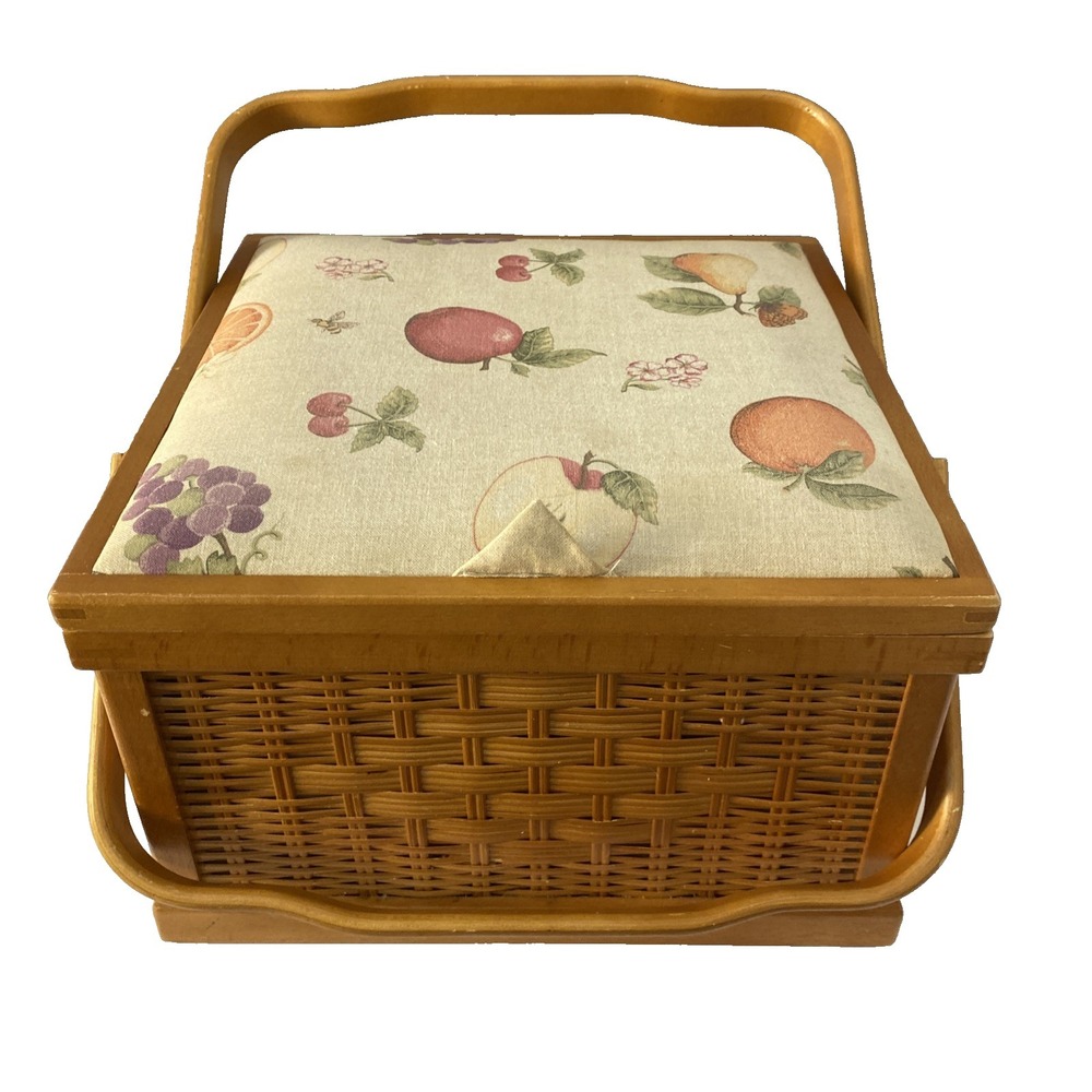 Vtg Jumbo Nantucket Style Wooden Wicker Sewing Basket, Fruit Motif